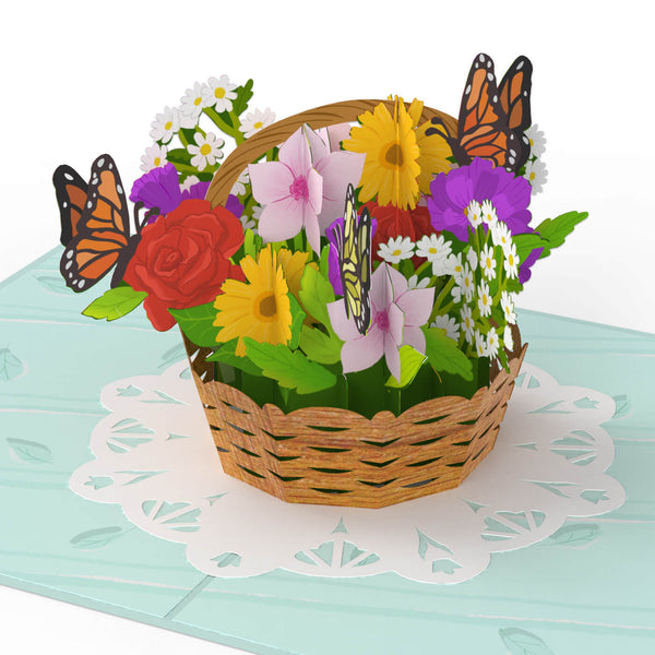 Panier de fleurs avec carte pop-up papillons